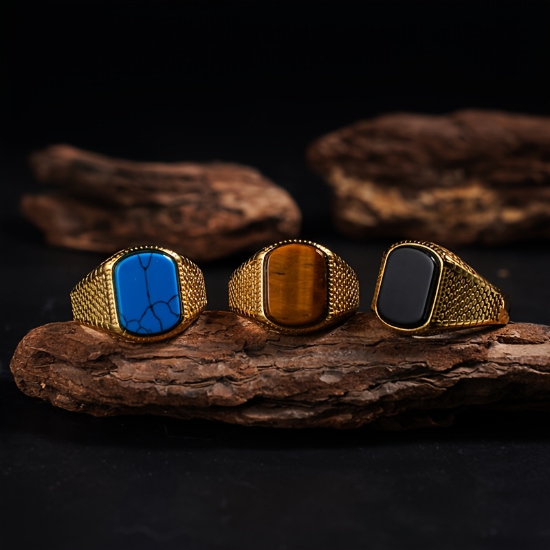 Vintage Stainless Steel Ring with Tiger'S Eye Stone Red Onyx Golden Plating